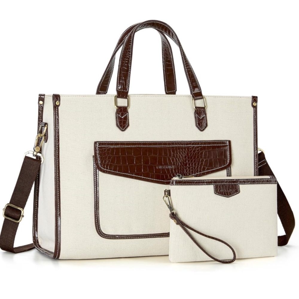 Cream Canvas Tote with Brown Croc-Trim and Matching Wristlet